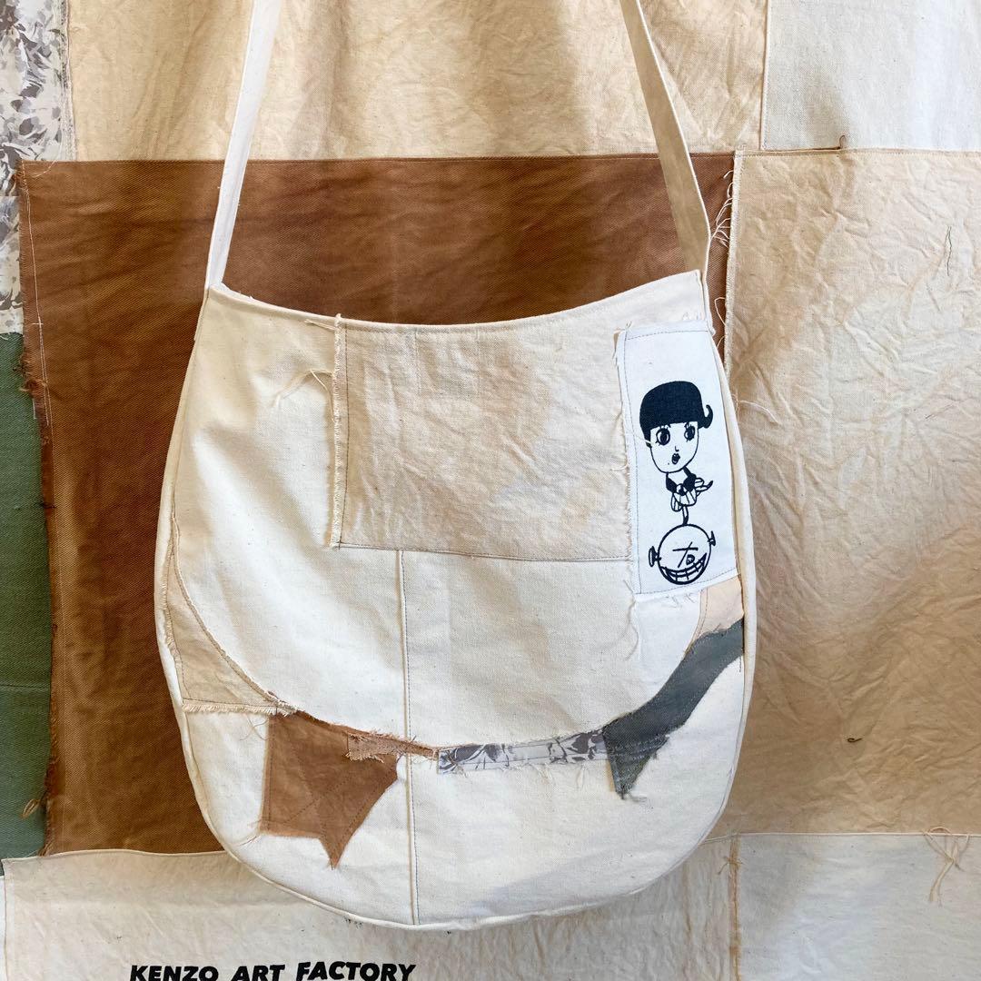 ハンドメイド　ショルダーバック帆布生地　柿渋染め　オリジナルイラスト