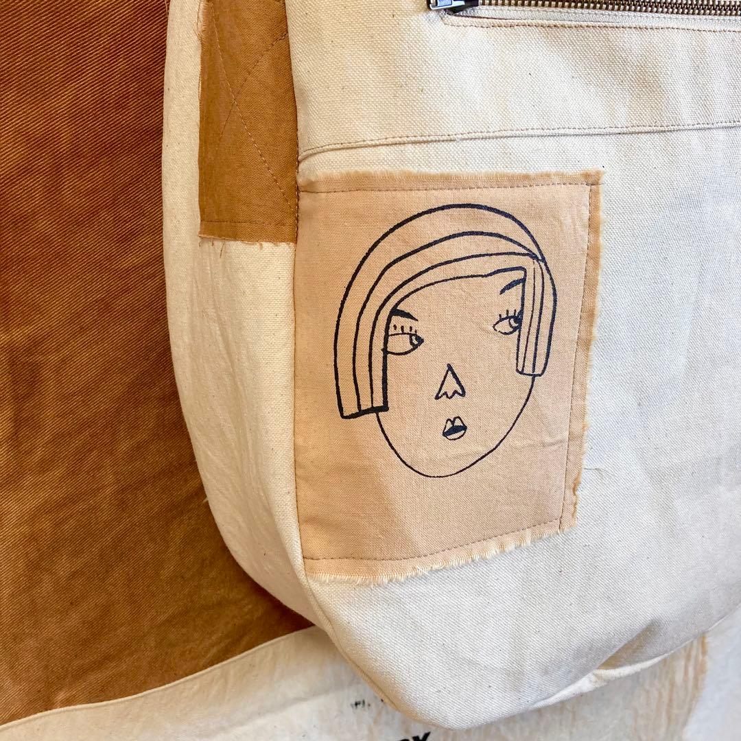 ハンドメイド　ショルダーバック帆布生地　柿渋染め　オリジナルイラスト