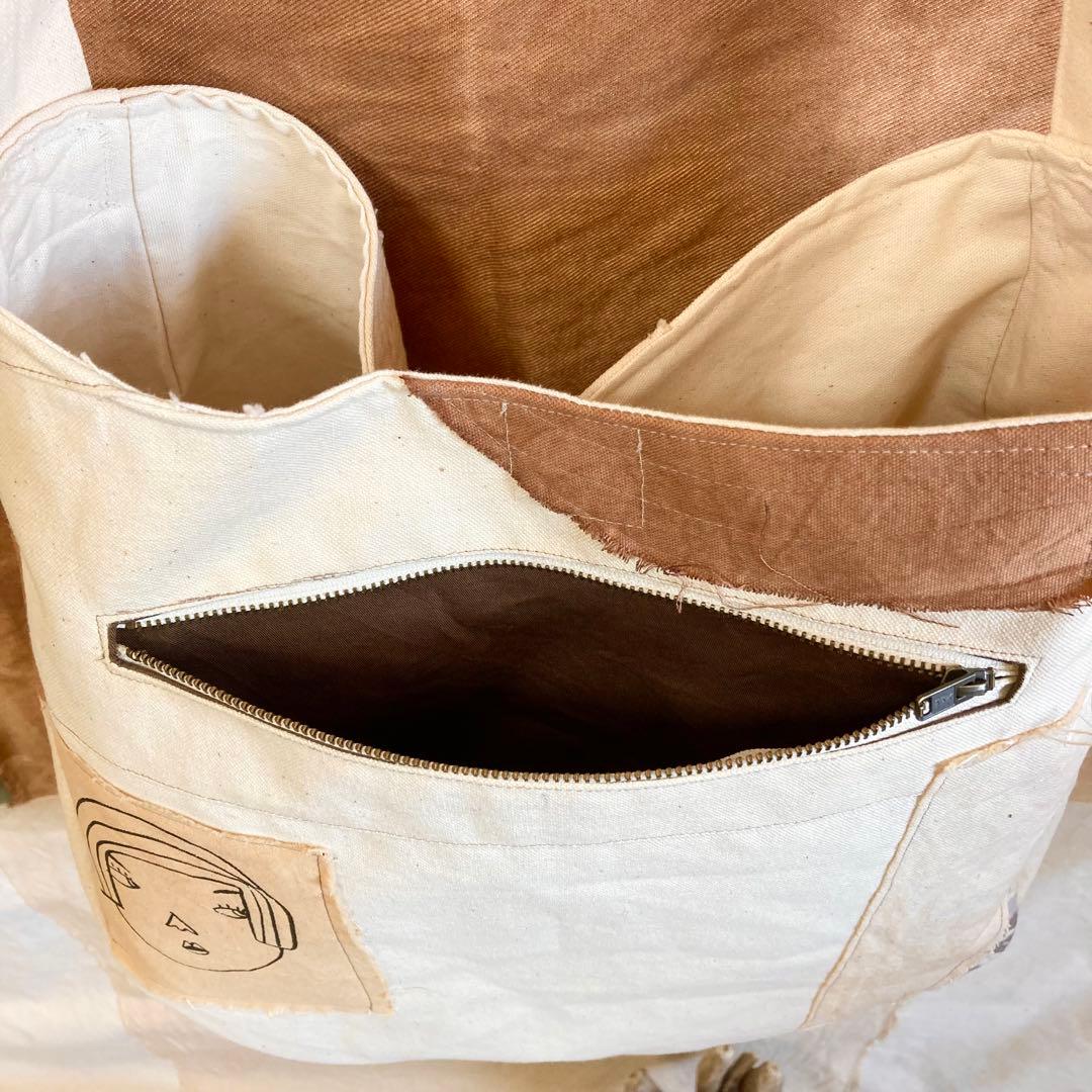 ハンドメイド　ショルダーバック帆布生地　柿渋染め　オリジナルイラスト