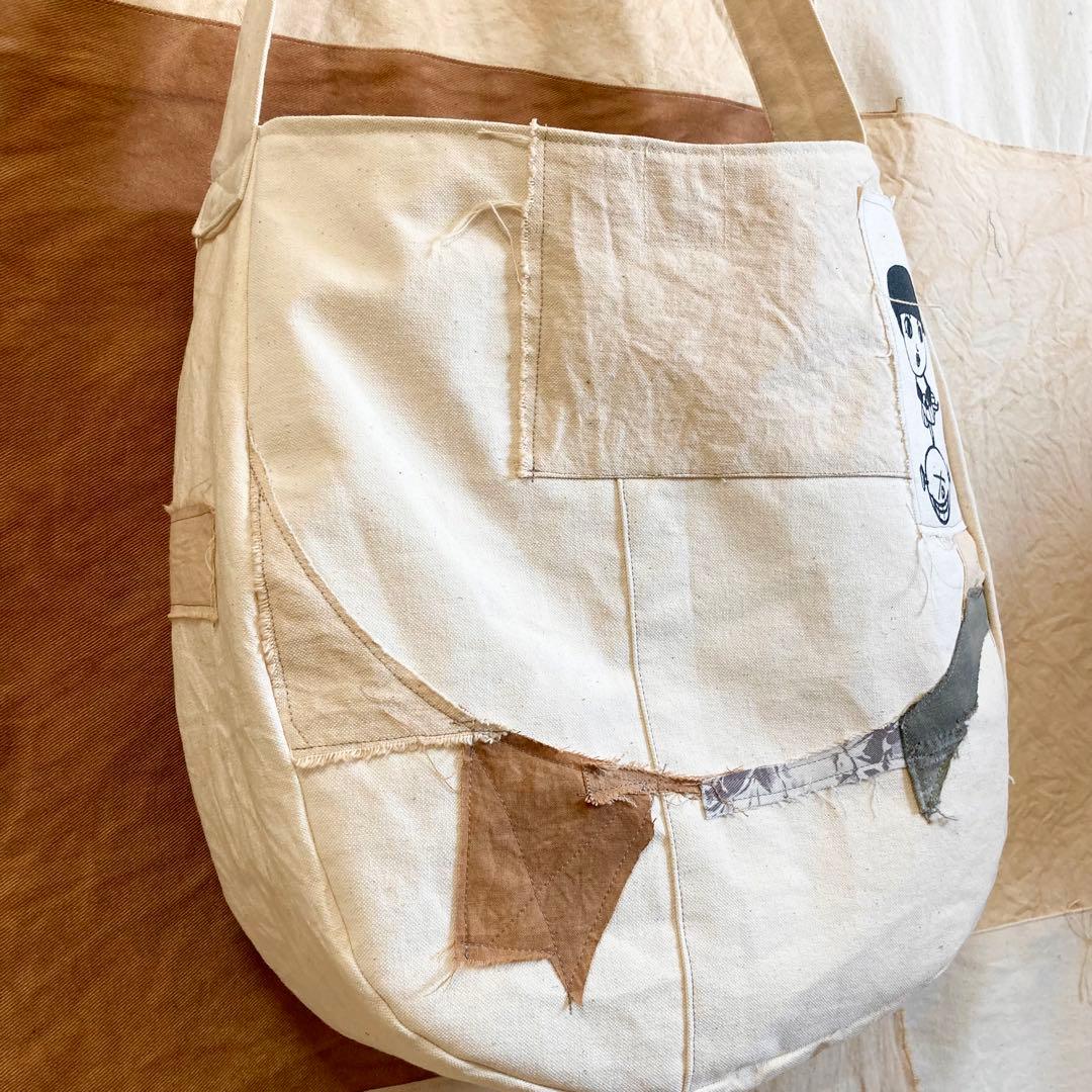 ハンドメイド　ショルダーバック帆布生地　柿渋染め　オリジナルイラスト