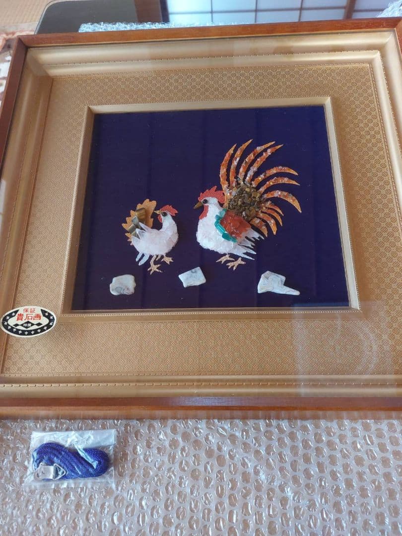 貴石画　めのう細工額　矮鶏(チャボ)　工芸額