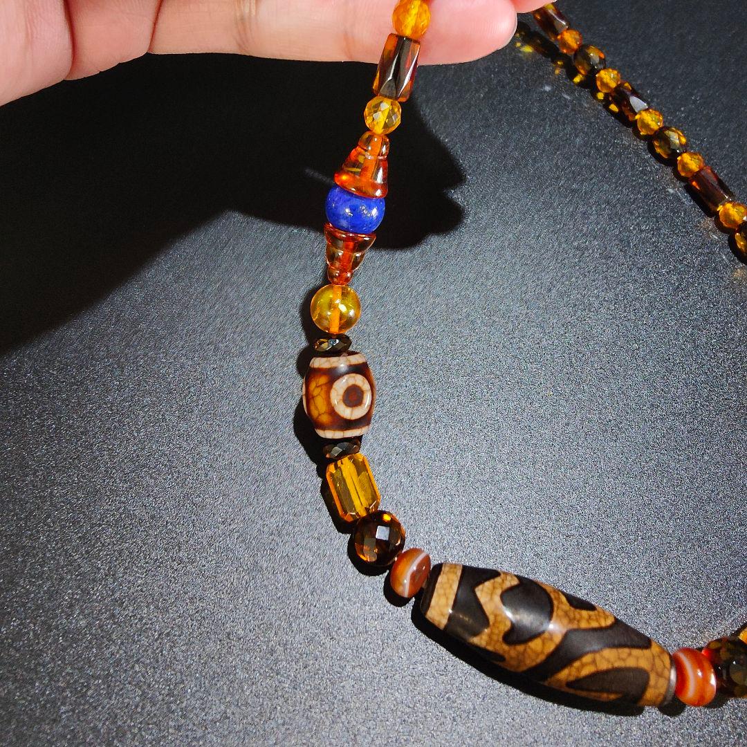 10 龍紋蓮華天珠　ネックレス　琥珀　アンバー　天然石　魔除け　開運　風水　天珠