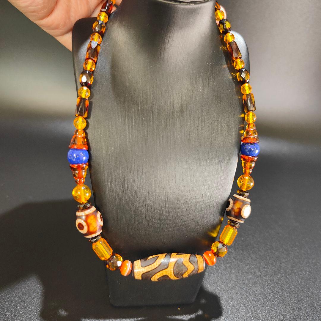 10 龍紋蓮華天珠　ネックレス　琥珀　アンバー　天然石　魔除け　開運　風水　天珠