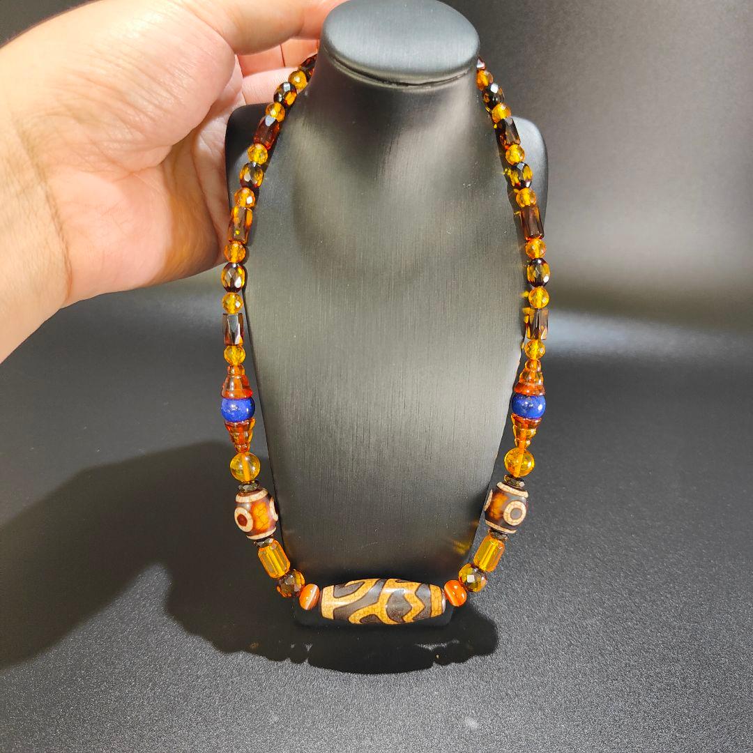 10 龍紋蓮華天珠　ネックレス　琥珀　アンバー　天然石　魔除け　開運　風水　天珠