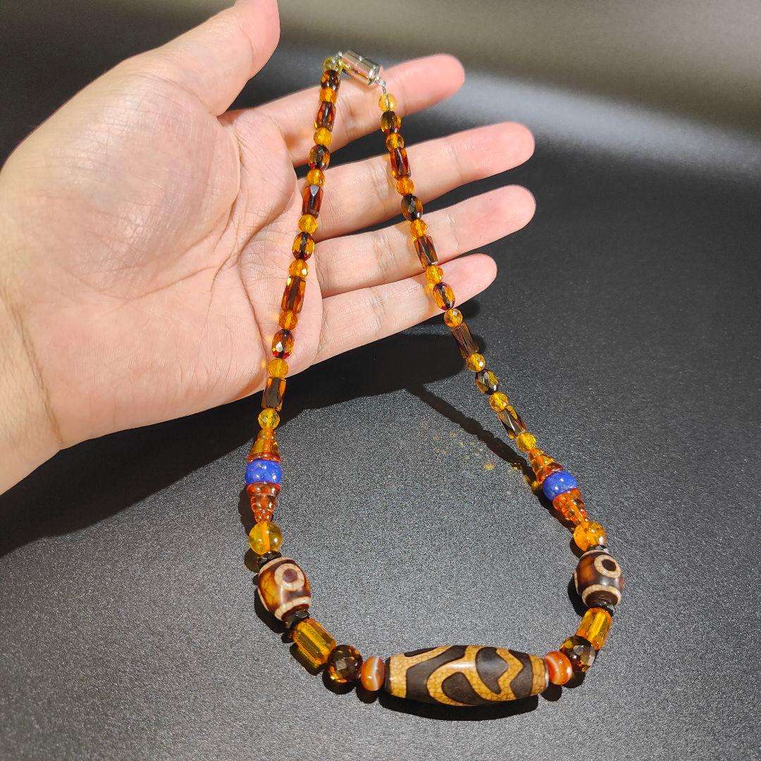 10 龍紋蓮華天珠　ネックレス　琥珀　アンバー　天然石　魔除け　開運　風水　天珠