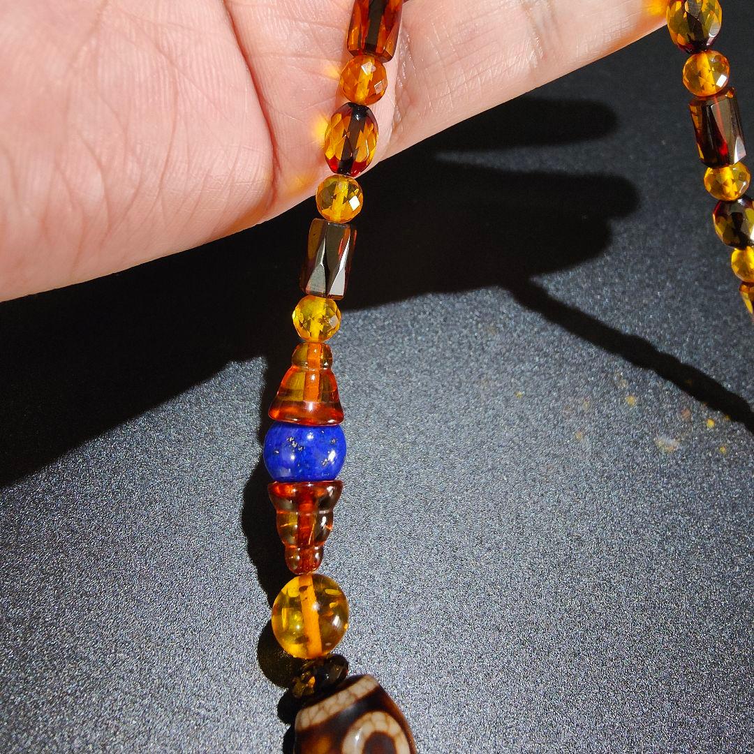 10 龍紋蓮華天珠　ネックレス　琥珀　アンバー　天然石　魔除け　開運　風水　天珠