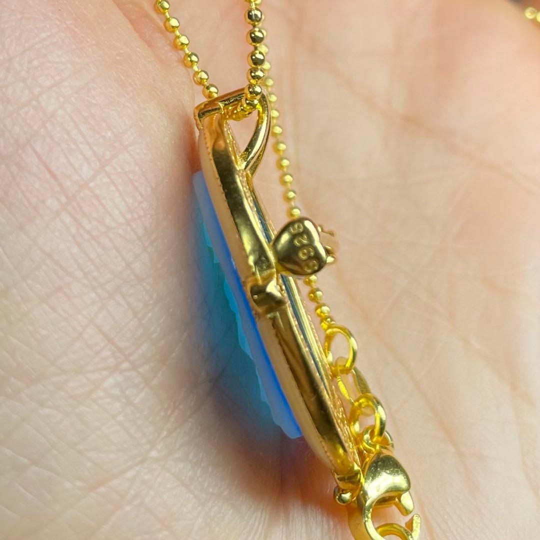 カメオ天然石ペンダント・ブローチ 青瑪瑙　白蝶貝　20*15mm SV925刻印