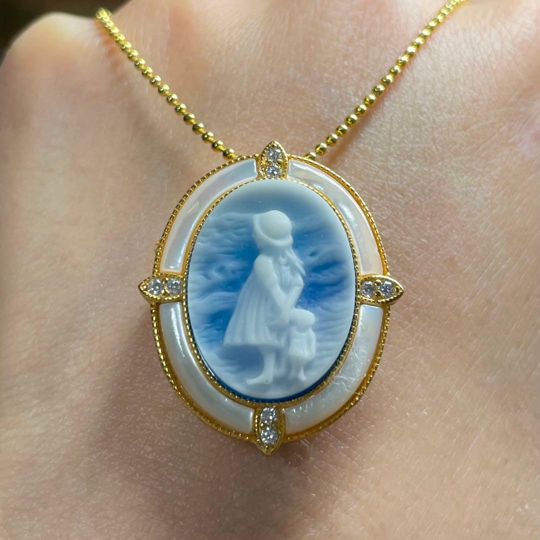 カメオ天然石ペンダント・ブローチ 青瑪瑙　白蝶貝　20*15mm SV925刻印