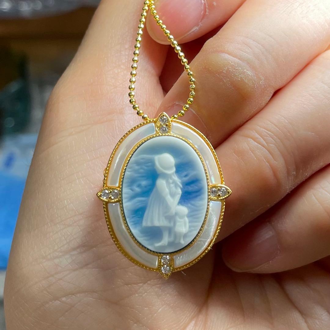 カメオ天然石ペンダント・ブローチ 青瑪瑙　白蝶貝　20*15mm SV925刻印