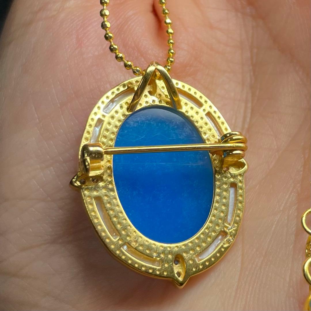 カメオ天然石ペンダント・ブローチ 青瑪瑙　白蝶貝　20*15mm SV925刻印