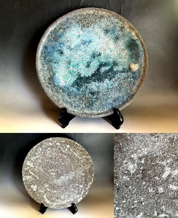 飾皿■時代物 水盤 味わい深いガラス釉 水色釉 古い平皿 料理皿 敷板 骨董品■