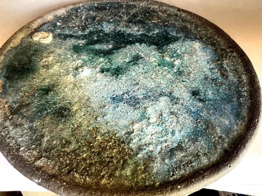 飾皿■時代物 水盤 味わい深いガラス釉 水色釉 古い平皿 料理皿 敷板 骨董品■