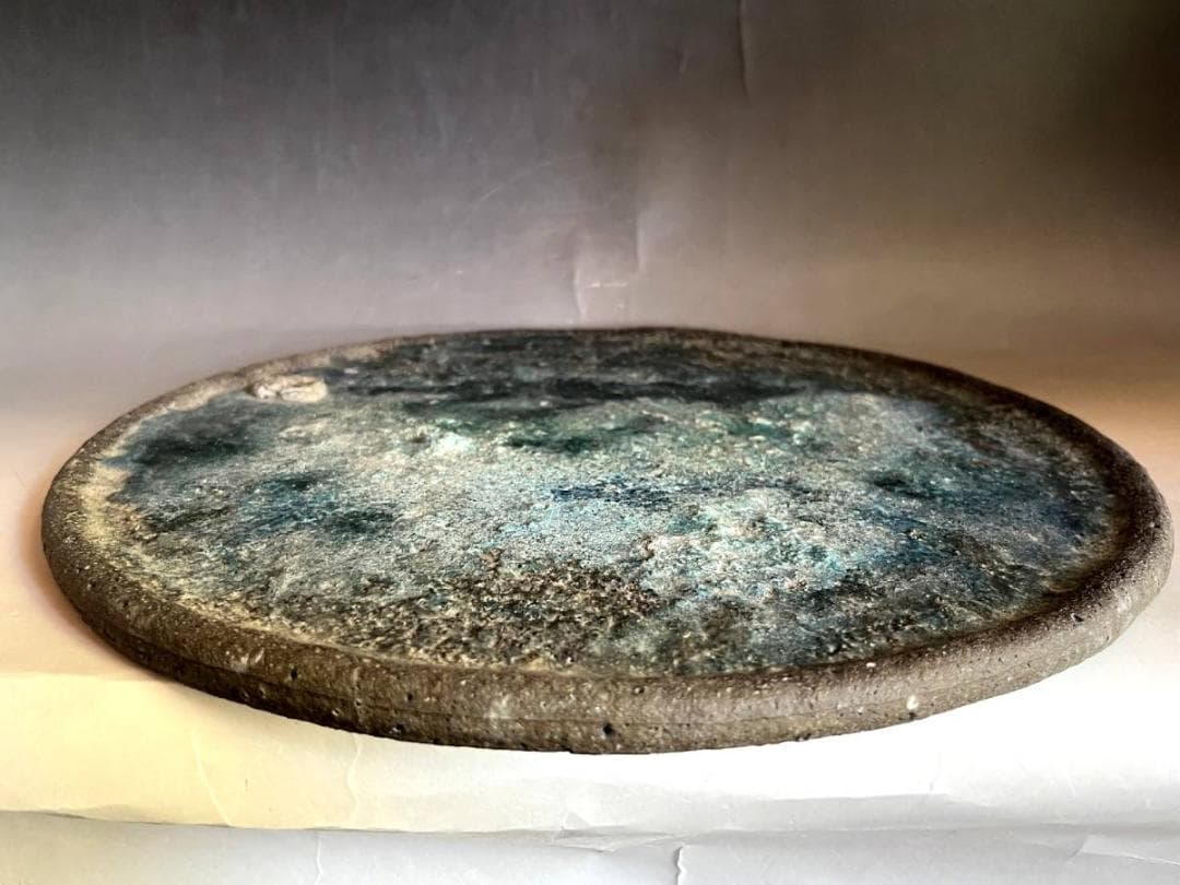 飾皿■時代物 水盤 味わい深いガラス釉 水色釉 古い平皿 料理皿 敷板 骨董品■