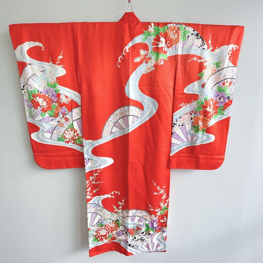 フルセット　七五三７歳女の子　着物　朱地　薄手　緑袋帯　小物セット　51919