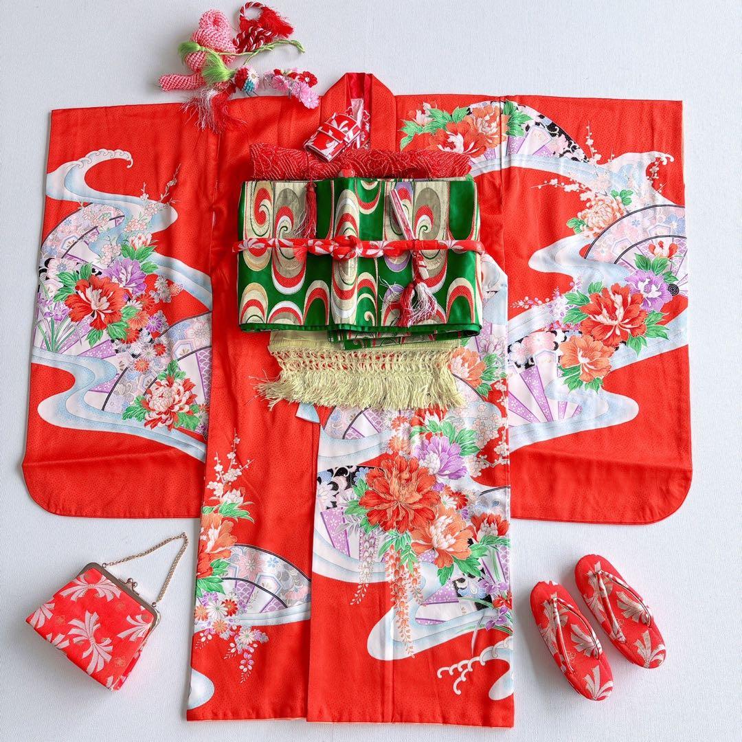 フルセット　七五三７歳女の子　着物　朱地　薄手　緑袋帯　小物セット　51919