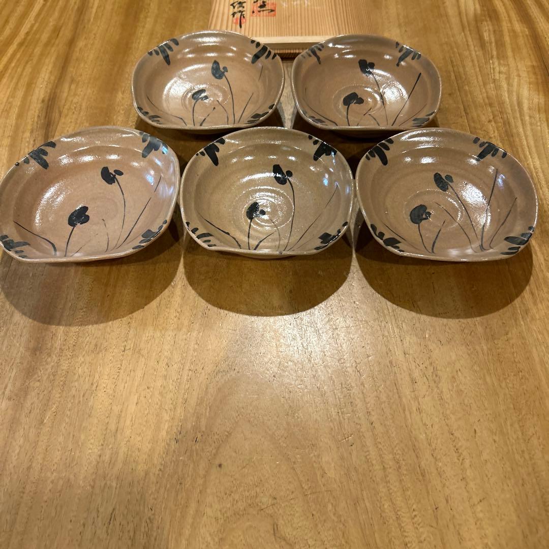 唐津菅ノ谷窯　舛田重信　絵唐津　変形鉢　五客 箱付