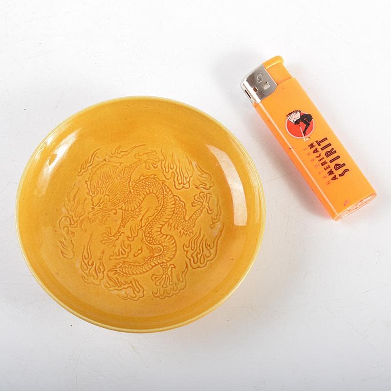 中国　黄交趾　 黄釉　龍文線刻皿　小皿　4客まとめて　D　R6016