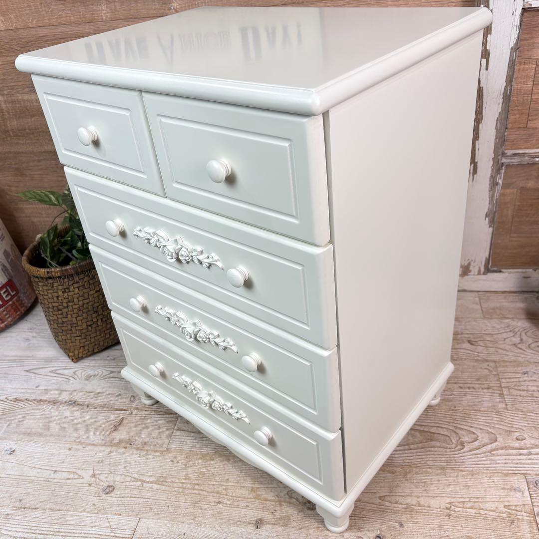 訳あり品【145】フレンチカントリー調ホワイトチェスト四段五つ引き木製タンス収納
