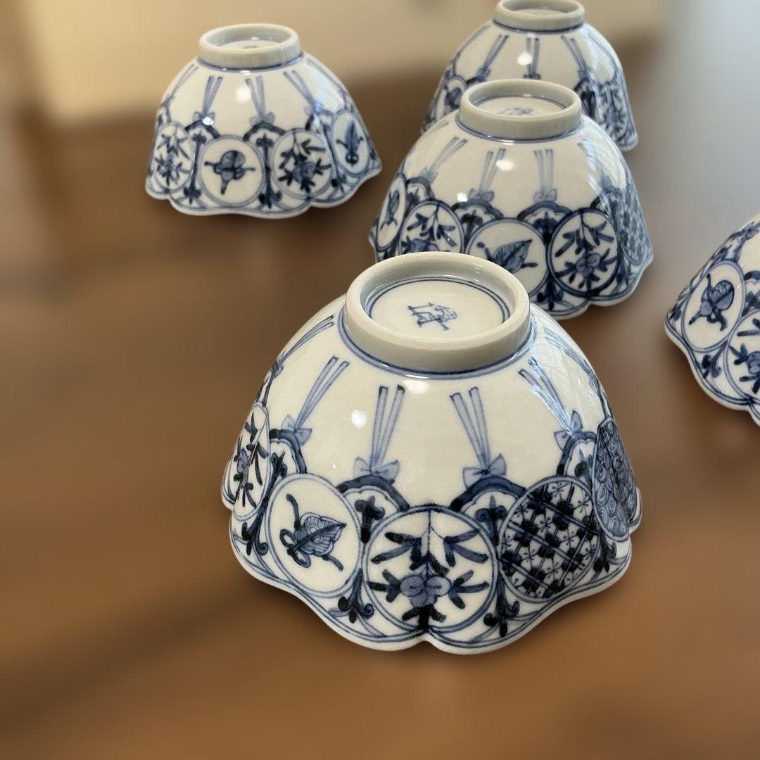 売却済み　九谷焼　長左　祥瑞手松竹梅　小鉢揃え　5客揃え　未使用、同柄　皿揃え