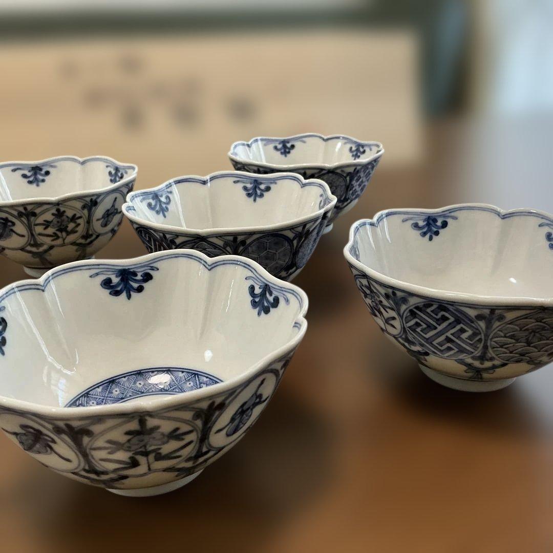 売却済み　九谷焼　長左　祥瑞手松竹梅　小鉢揃え　5客揃え　未使用、同柄　皿揃え