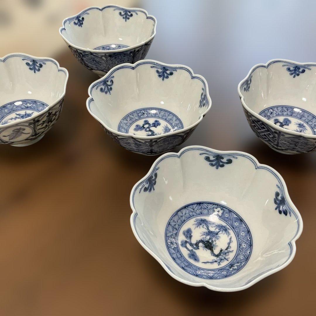 売却済み　九谷焼　長左　祥瑞手松竹梅　小鉢揃え　5客揃え　未使用、同柄　皿揃え