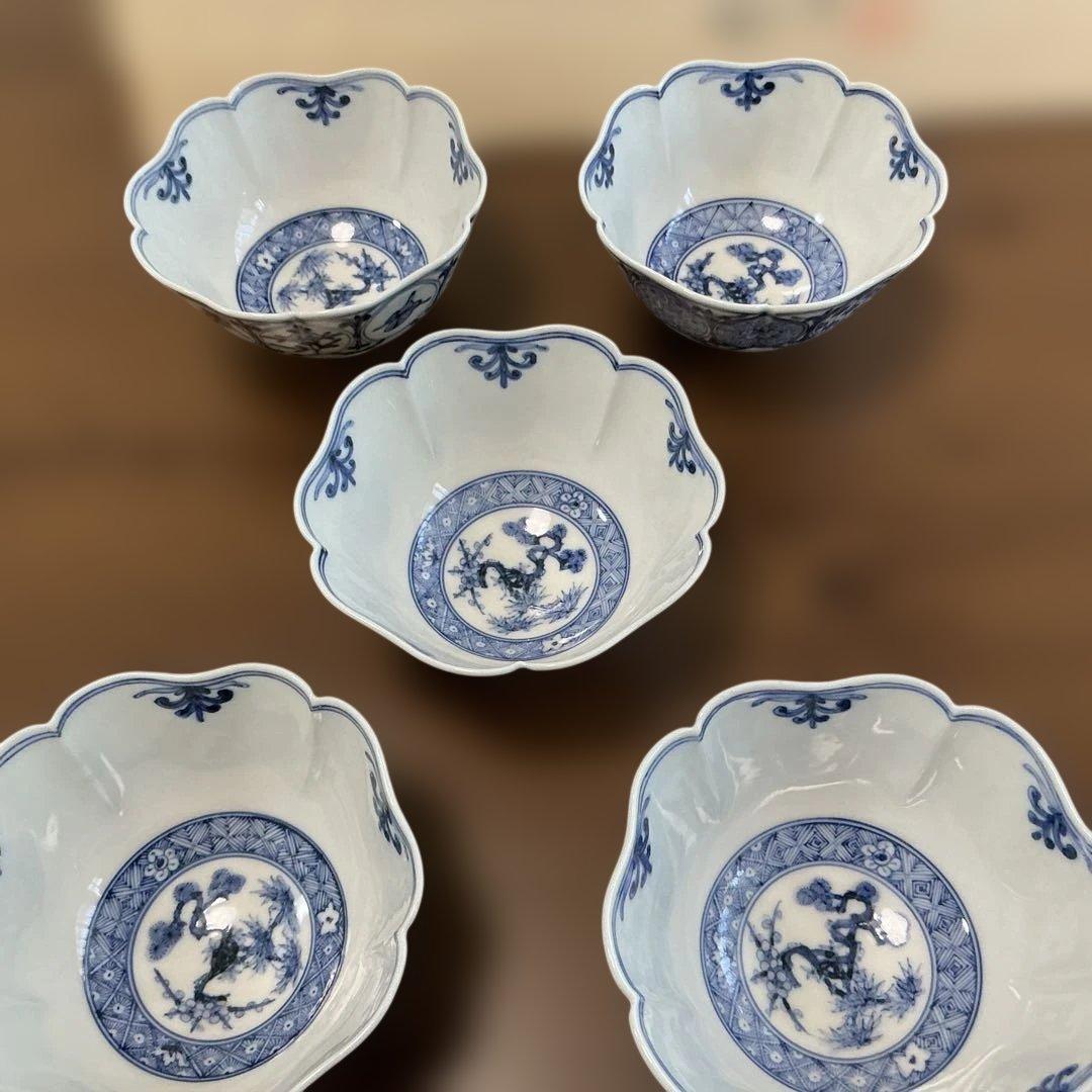 売却済み　九谷焼　長左　祥瑞手松竹梅　小鉢揃え　5客揃え　未使用、同柄　皿揃え