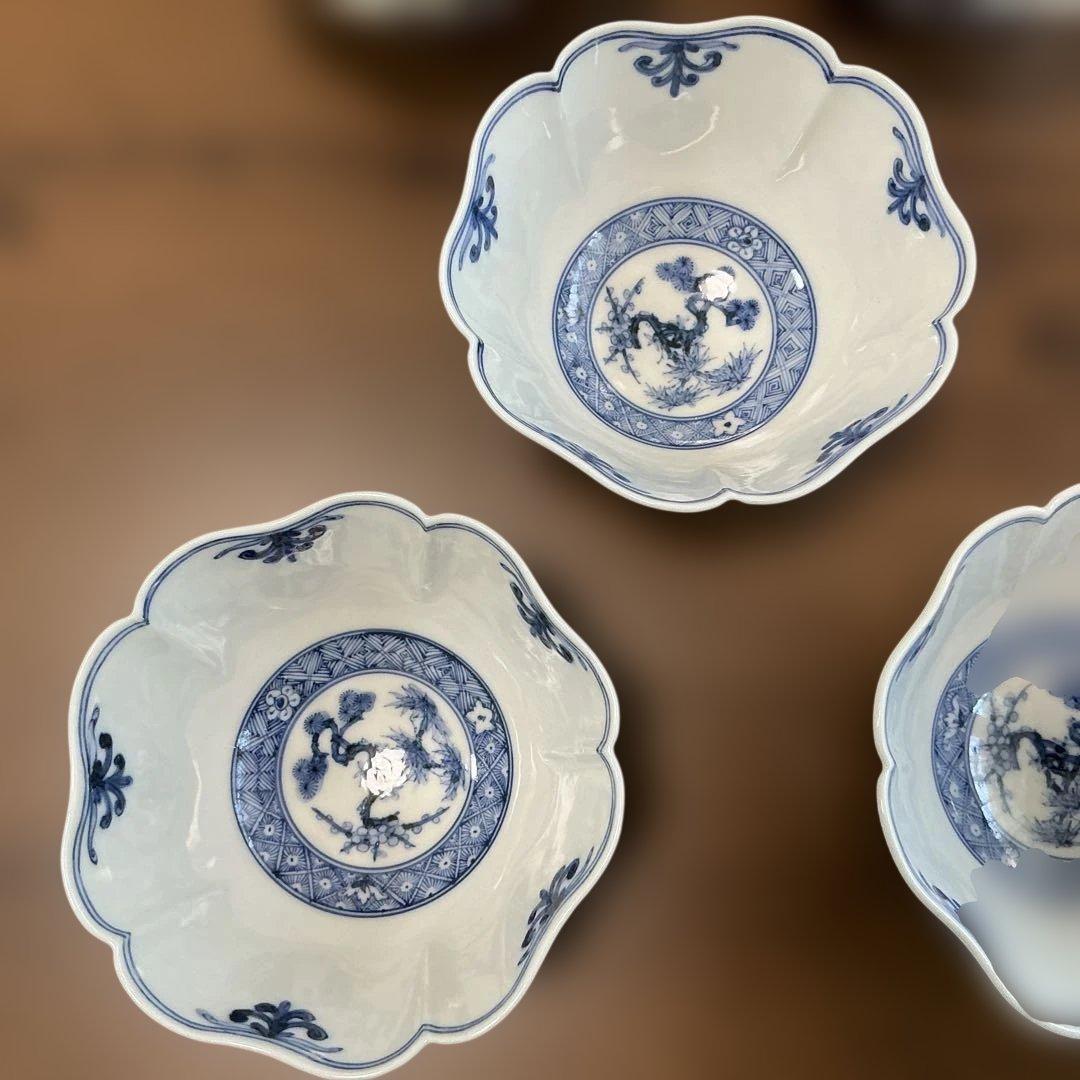 売却済み　九谷焼　長左　祥瑞手松竹梅　小鉢揃え　5客揃え　未使用、同柄　皿揃え