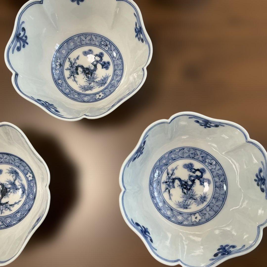 売却済み　九谷焼　長左　祥瑞手松竹梅　小鉢揃え　5客揃え　未使用、同柄　皿揃え