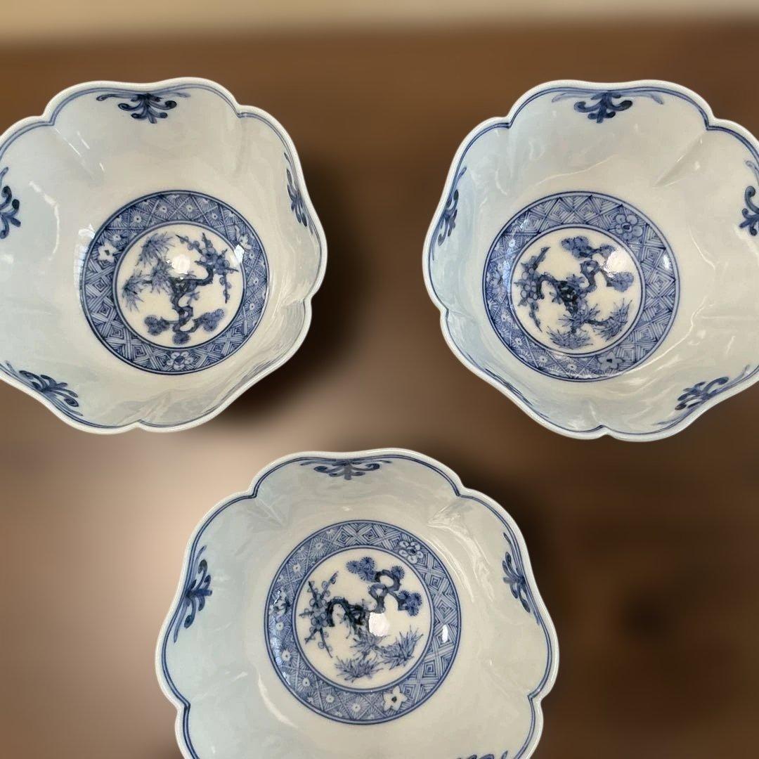 売却済み　九谷焼　長左　祥瑞手松竹梅　小鉢揃え　5客揃え　未使用、同柄　皿揃え