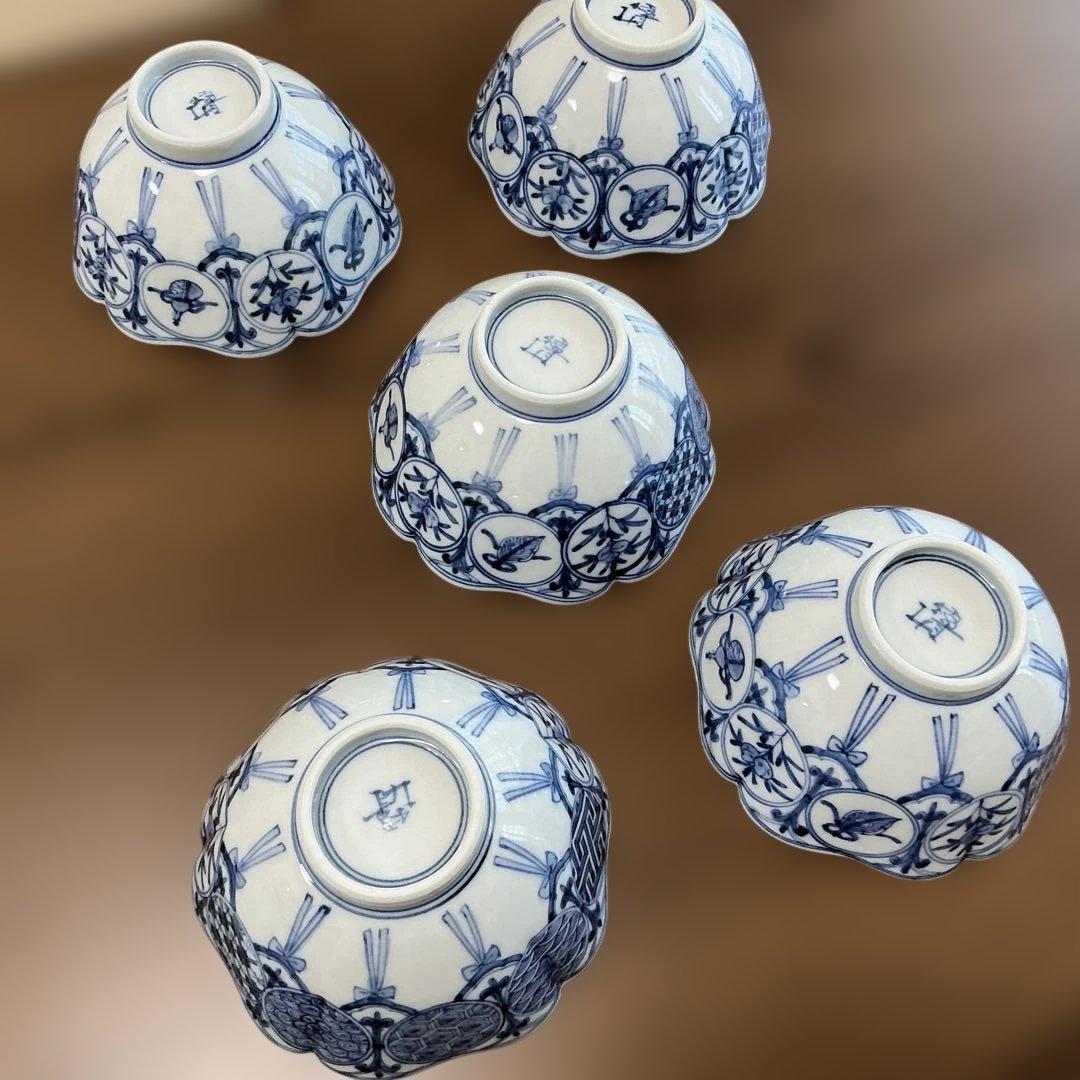 売却済み　九谷焼　長左　祥瑞手松竹梅　小鉢揃え　5客揃え　未使用、同柄　皿揃え