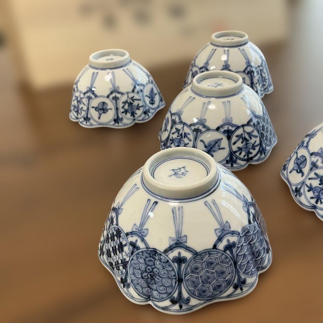 売却済み　九谷焼　長左　祥瑞手松竹梅　小鉢揃え　5客揃え　未使用、同柄　皿揃え