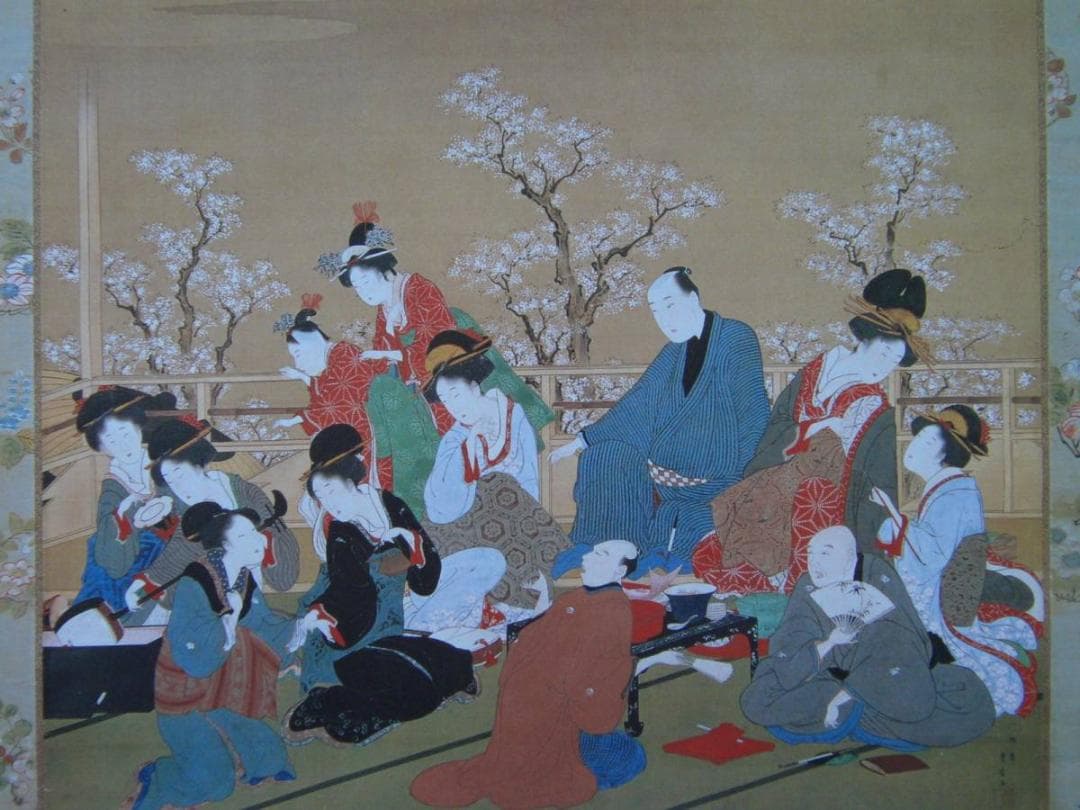 歌川豊広、【観桜酒宴図】、希少画集画より、状態良好、新品高級額装付