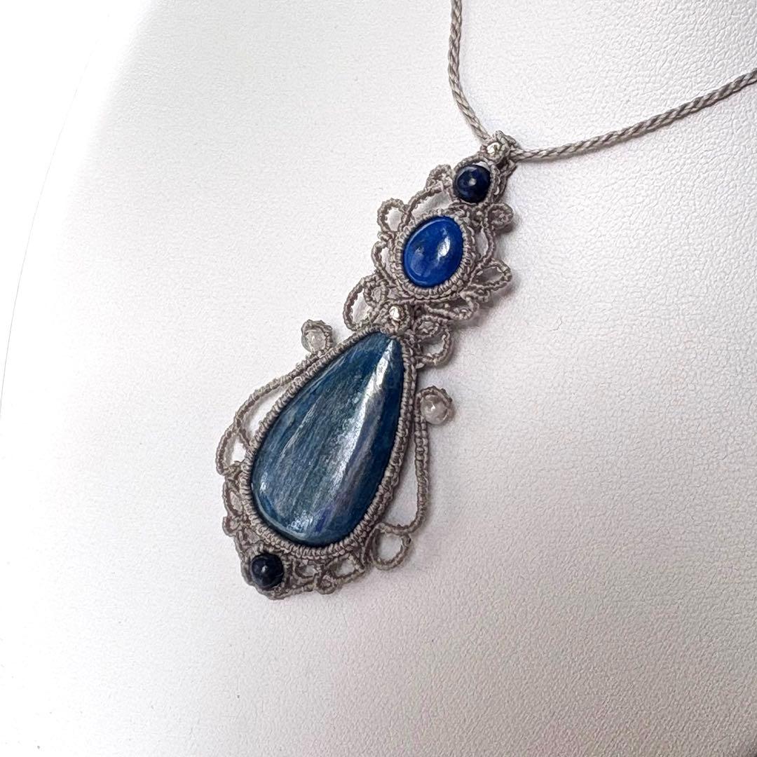 Saleカイヤナイト×ラピスラズリ×アクアマリンビーズのマクラメネックレス