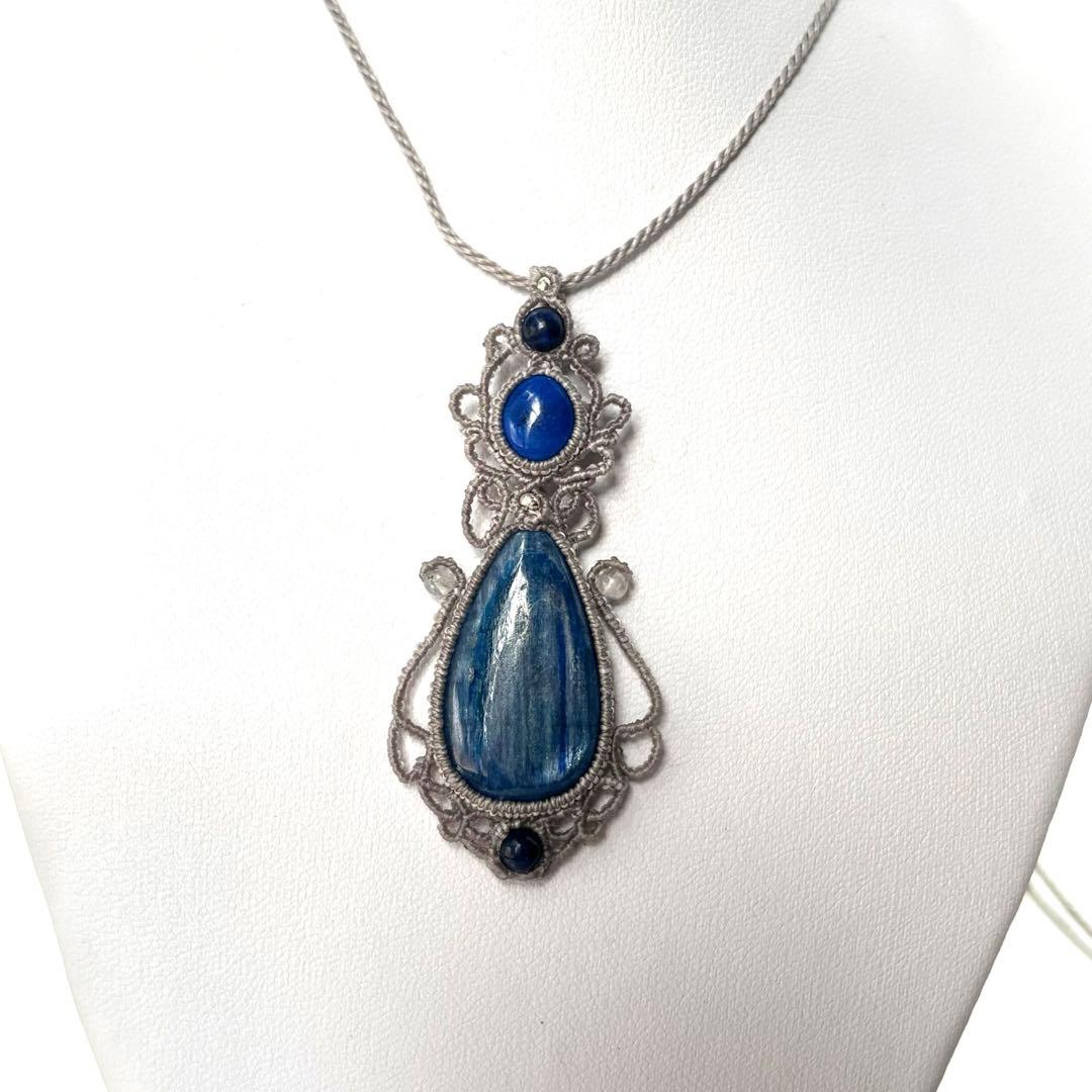 Saleカイヤナイト×ラピスラズリ×アクアマリンビーズのマクラメネックレス