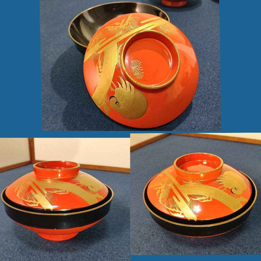 AM53 会津 朱椀 松鶴図 金蒔絵 縁金 五客 蓋付吸物椀