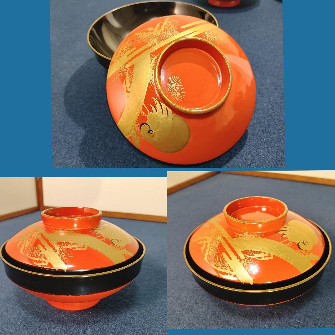 AM53 会津 朱椀 松鶴図 金蒔絵 縁金 五客 蓋付吸物椀