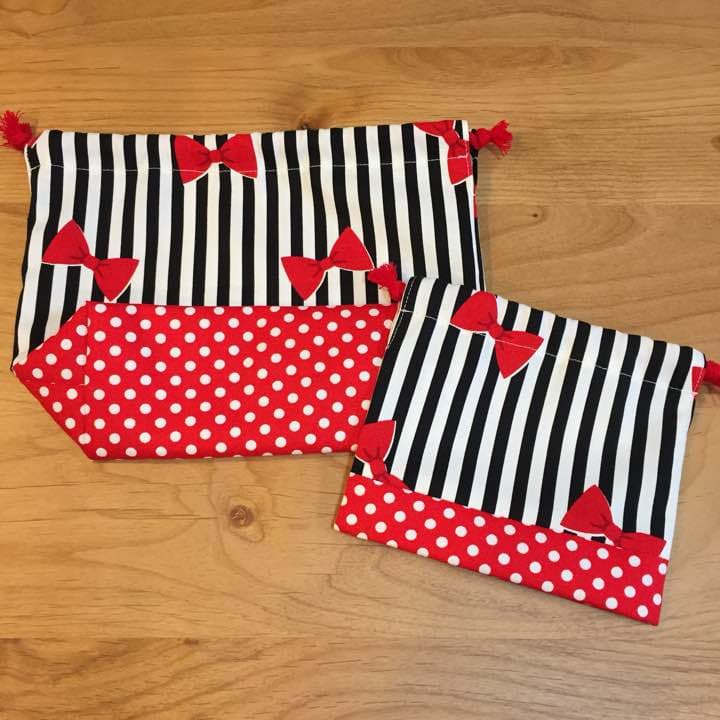 リボンストライプ赤 給食 お弁当袋セット