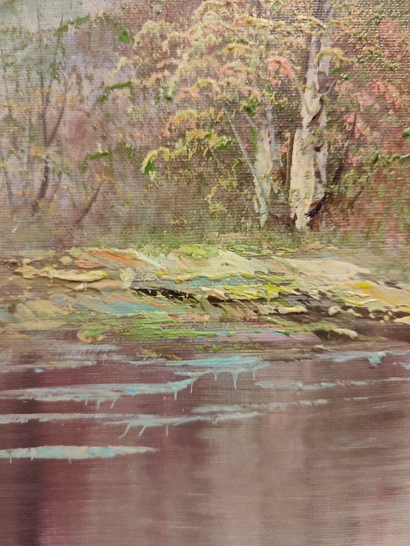 油絵　油彩画　風景画　インテリア　おしゃれ　アート　湖畔　厚塗り　インパスト