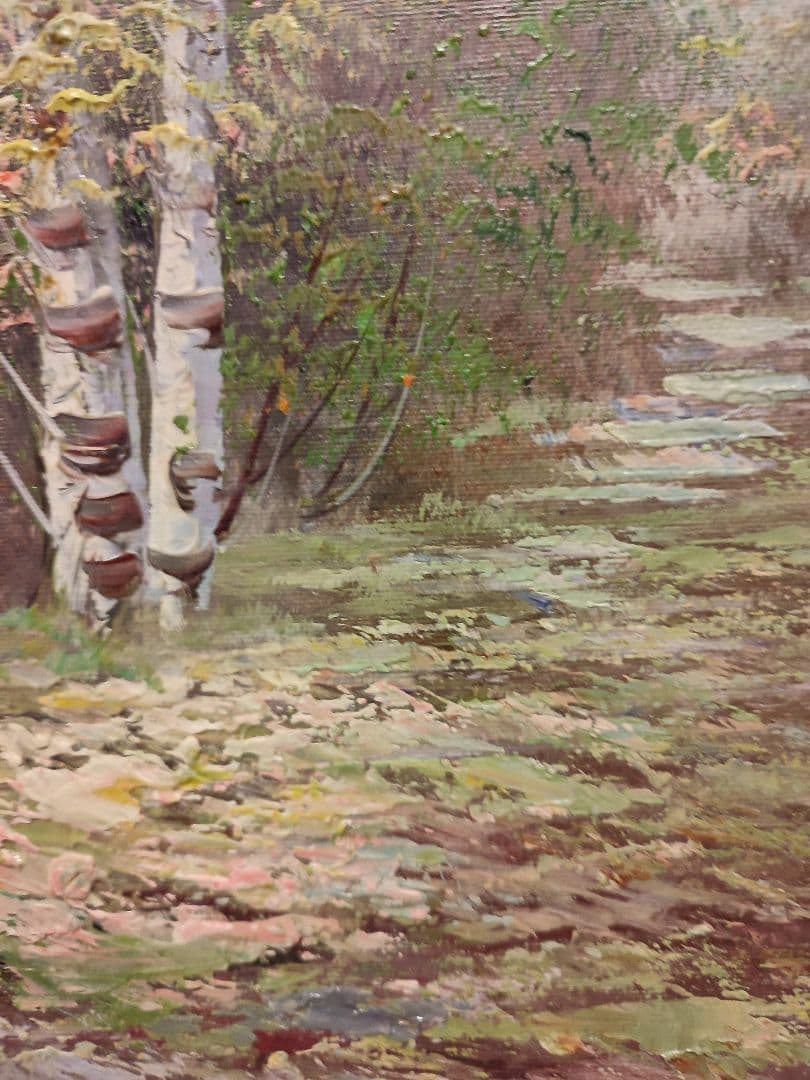 油絵　油彩画　風景画　インテリア　おしゃれ　アート　湖畔　厚塗り　インパスト