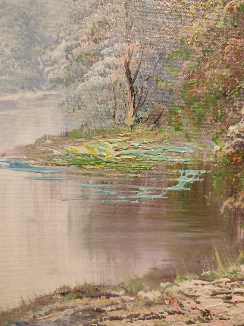 油絵　油彩画　風景画　インテリア　おしゃれ　アート　湖畔　厚塗り　インパスト