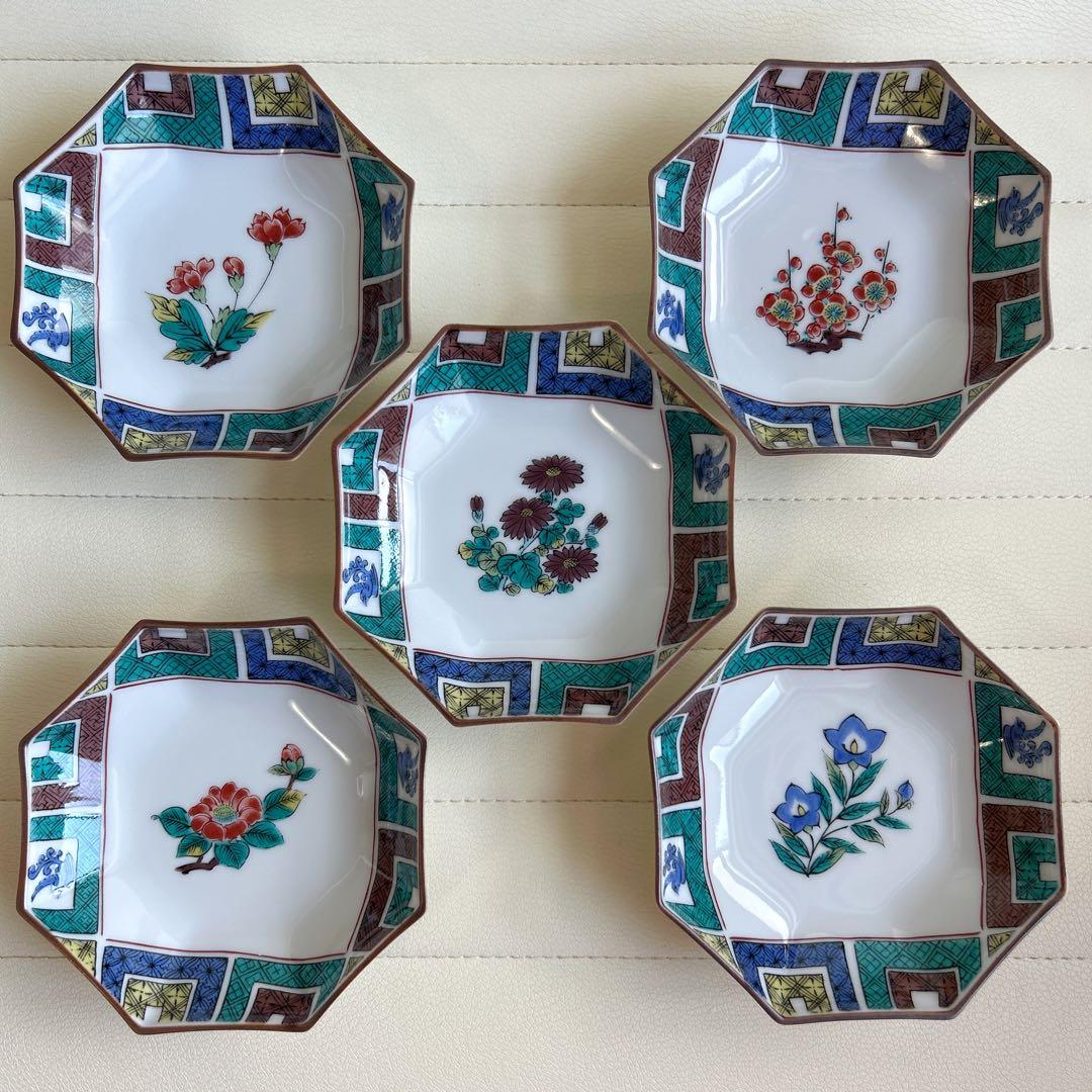 九谷焼　絵変わり　石畳文　小皿揃　５枚セット　八角皿　小鉢　取り皿　色絵　青手