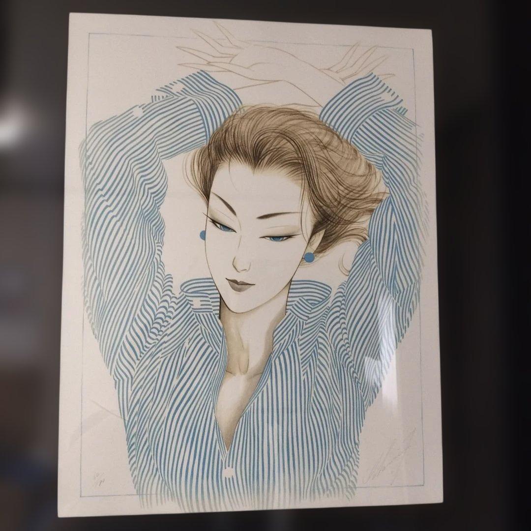鶴田一郎「ブルーストライプシャツ」リトグラフ　版画
