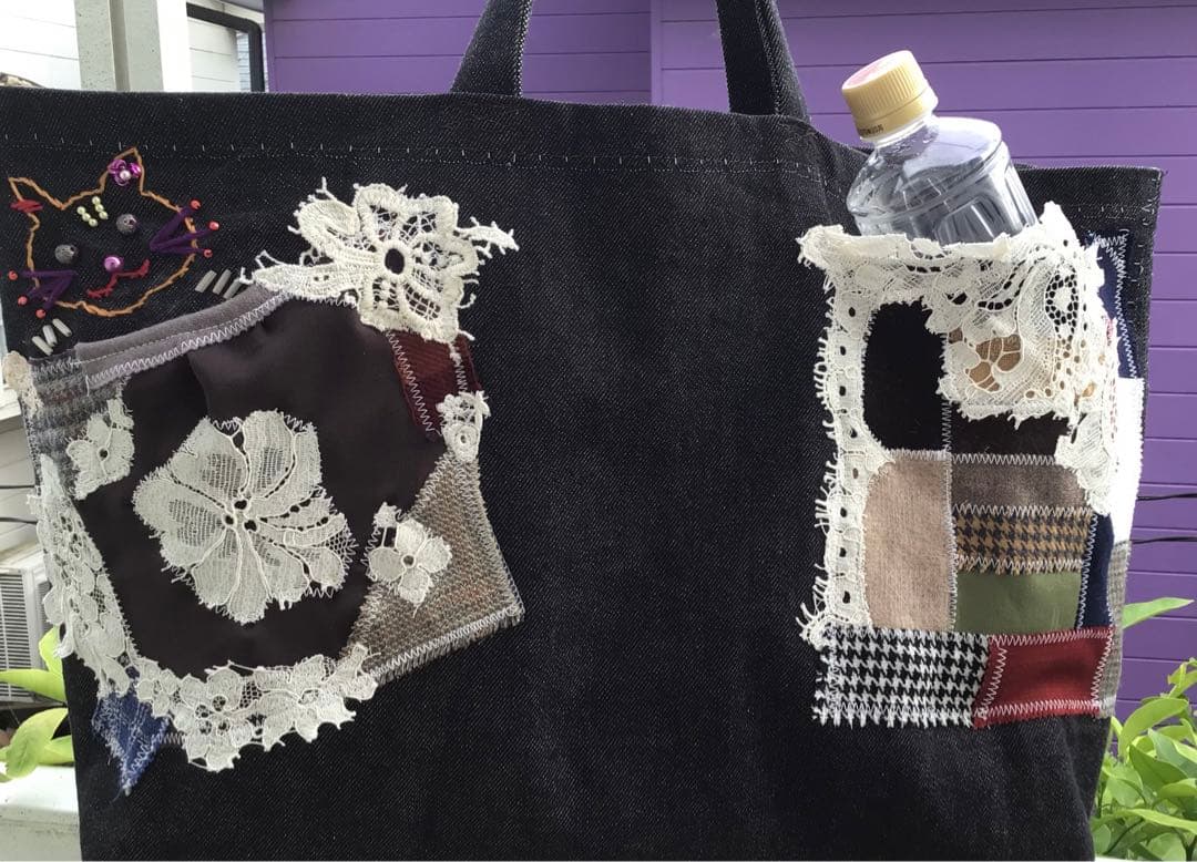 手作り　猫トートバック　デニム　黒　猫手刺繍　猫　虎　レースパッチ　大きめ