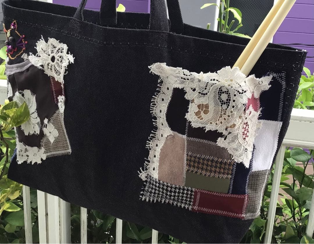 手作り　猫トートバック　デニム　黒　猫手刺繍　猫　虎　レースパッチ　大きめ