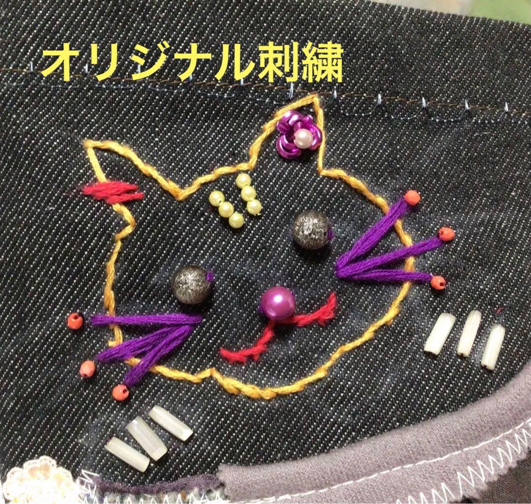 手作り　猫トートバック　デニム　黒　猫手刺繍　猫　虎　レースパッチ　大きめ