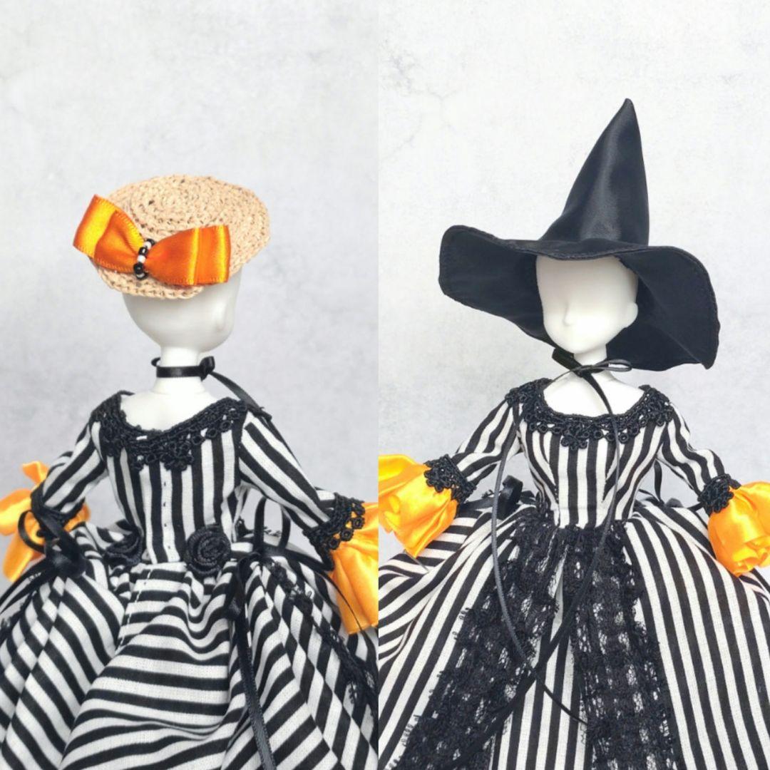 27cmドールドレス 白黒ストライプ×オレンジフリルのローブ・ア・ラ・ポロネーズ