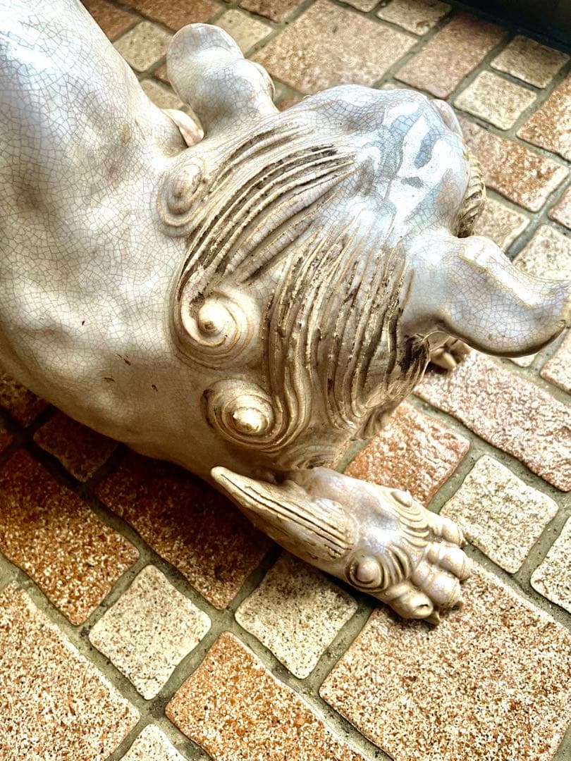 【特大40cm】作家物 獅子 置物 銘あり 狛犬 骨董 細工物 陶器 魔除け