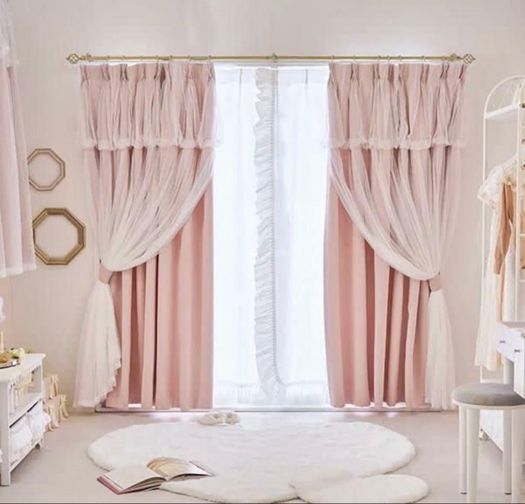 ロマプリ　上飾付きレイヤード遮光カーテン/ピンク