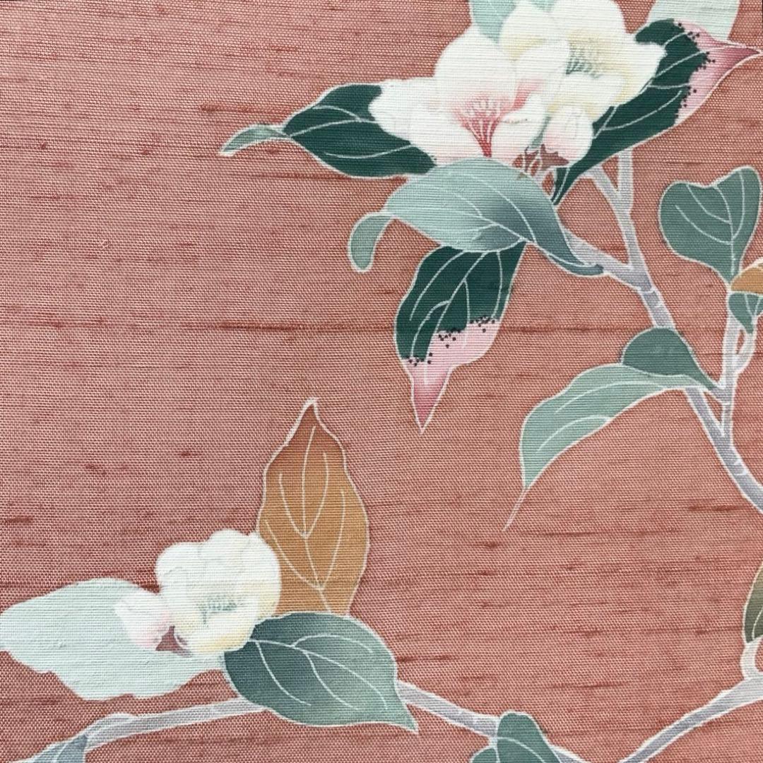 紬　桜の枝花　リメイク　バンブーハンドルバッグ　浅型マチ広め