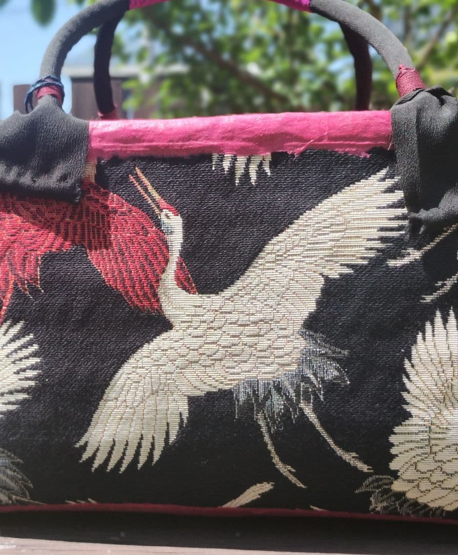 SALE　一閑張りバッグ　鶴　黒　ピンク　柿渋　ハンドメイド